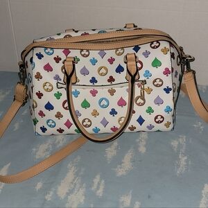 Multicolor Printed Satchel Handbag - White/Tan